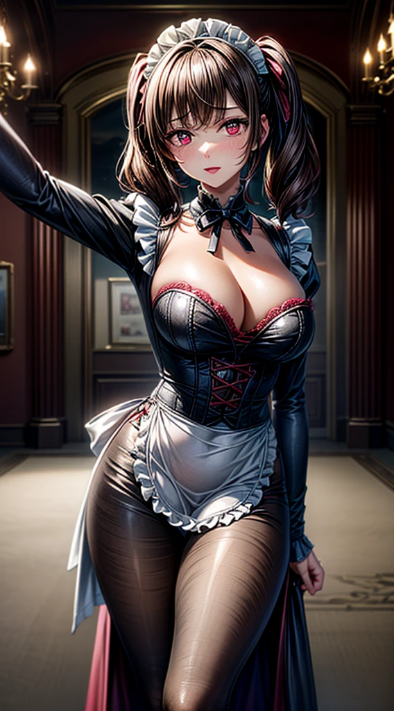 Masterpiece, ultra high quality, absurdres, solo, 1girl, brown hair, long hair, pigtails, pink eyes, red lipstick , shy, maid outfit, Victorian era, Victorian room, big breasts, Victorian clothes, stretching, seductive pose , looking at viewer, front view, perfect hands, beautiful hands