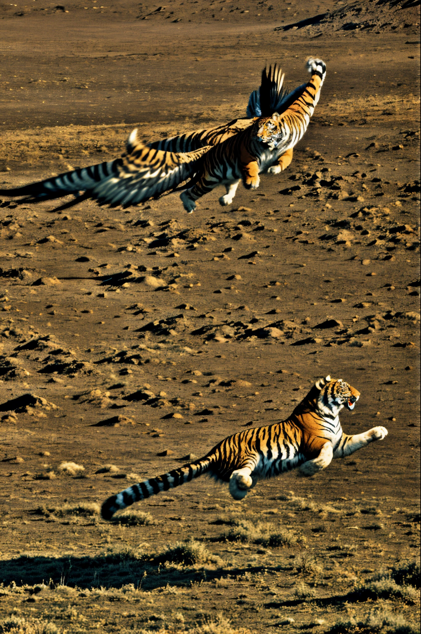 tiger in eagle shape flying full body in the mountain hunting a rabbit