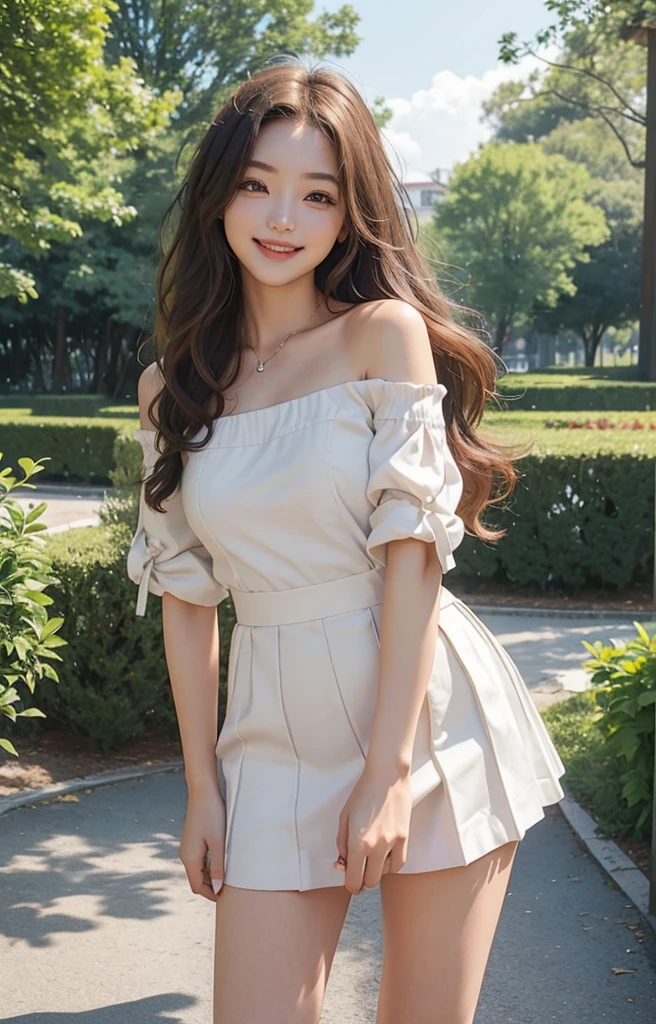 top-quality、masterpiece、超A high resolution、Photorealsitic、Raw foto、1girl in、Sexy appearance、Hair past the shoulders、The lower half is curled and sauvage、Cute smile like a model、frontage、Hair color is blonde、Tight yellow mini skirt、Ordinary high heels、Eyes are double、Wearing mascara、Cute pose like a model、Clear face、Standing in a large park on a sunny day、Gorgeous like a model、Ultimate Beauty、Cute smile、Bright smile、masuter piece、Best Quality、beautiful smiling face、