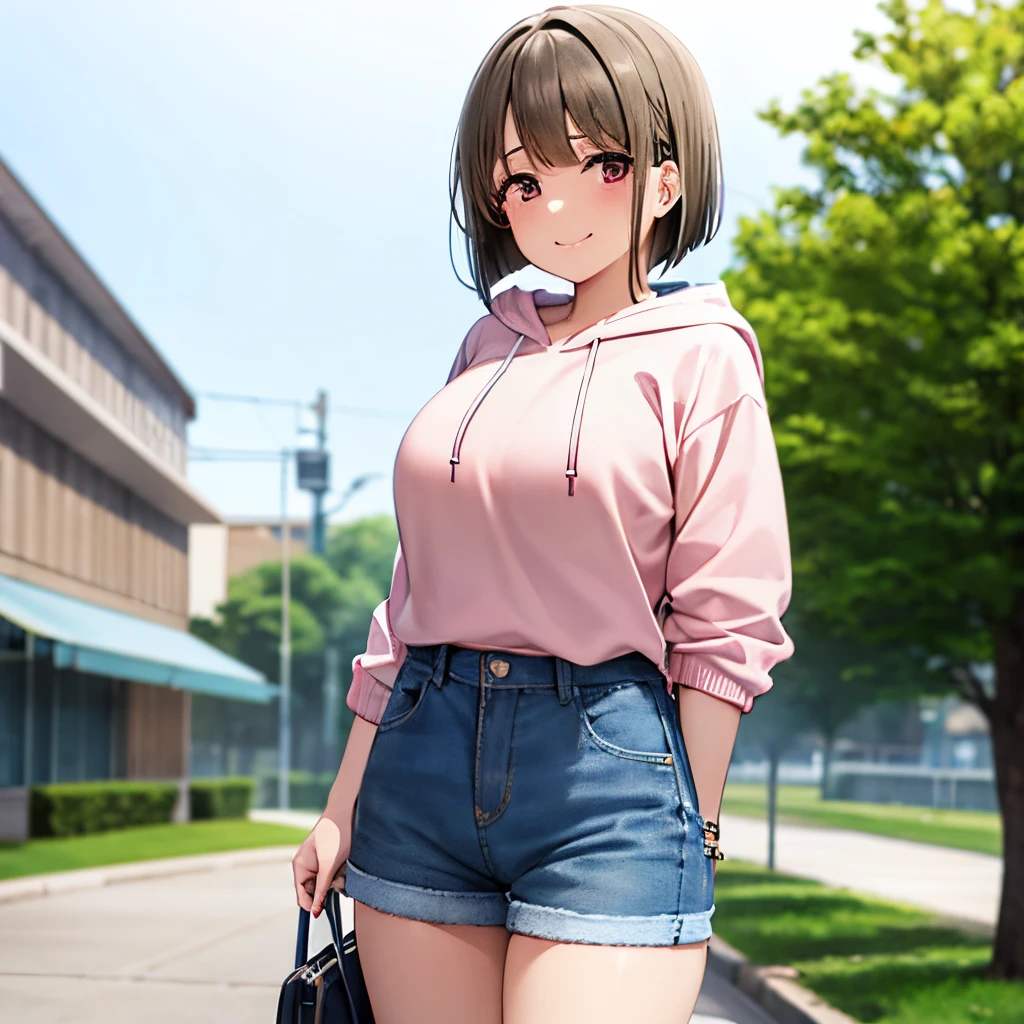 17 age, girl with, slightly larger udder,Narrow waist, Hairstyle is a bob cut, a smile,pink hoodie,navy blue denim shorts,Niso,School grounds