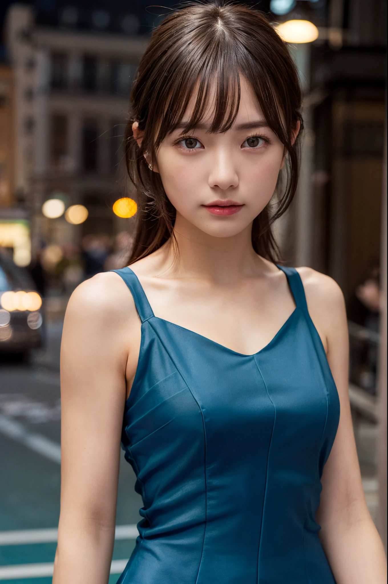 ((Realistic lighting, Best quality, 8K, Masterpiece: 1.3)), Focus: 1.2, 1girl, Perfect Body Beauty: 1.4, Slim Abs: 1.1, ((Dark Brown Hair)), (Aqua Dress: 1.4), (Outdoor, Night: 1.1), City Street, Super Fine Face, Fine Eyes, Double Eyelids,