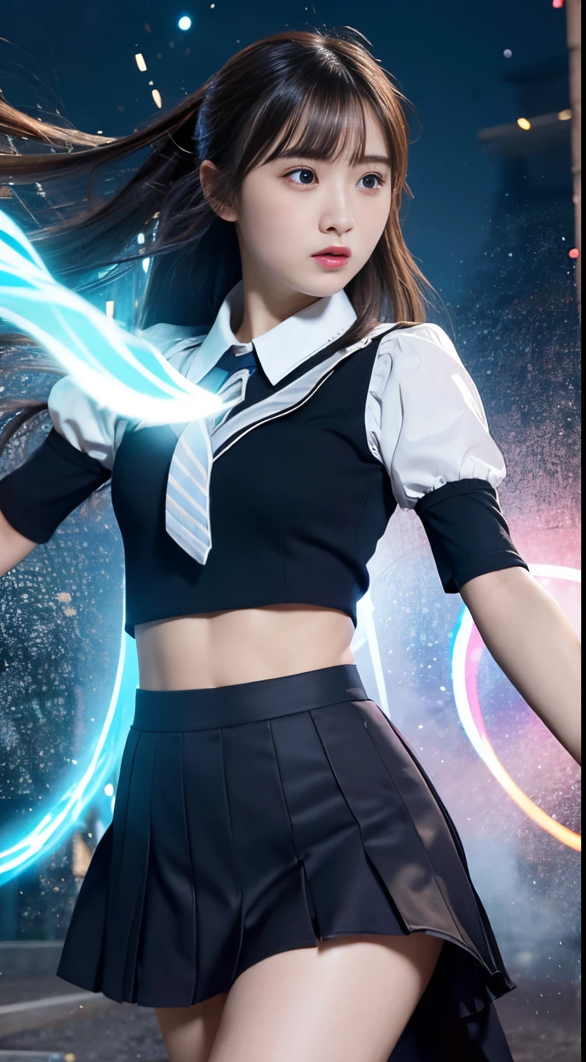 RAW pictures, super detailed, masterpiece, best quality, high resolution,
highlights in eyes, , private photo, night, bangs, Fluttering hair, outdoor,
BREAK
A girl in school uniform, clad in magical robes, fiercely battles her enemies in the magical world. Her movements are agile, and a glowing magic circle unfolding around her as she chants magic while her skirt sways brightly. A mass of energy dwells in front of her hands, which are outstretched in front of her. Her combat like a powerful and beautiful dance as she defeats one enemy after another with swift and precise actions. Her eyes and strong will are reflected in her magic, shaking the air around her.
The background wonderfully blurred. This effect makes the beauty and emotion of the person stand out even more.