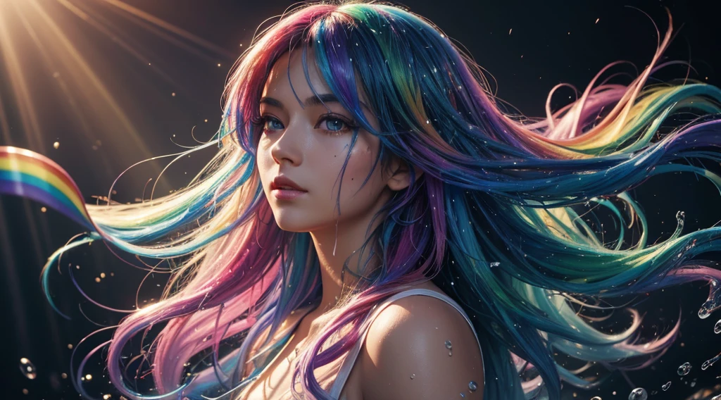 jesus christ (rainbow hair liquid paint:) made of painting and defies gravity, thick flow, (paint splashes:), liquid state, jesus incredibly beautiful, masterpiece, detailed background, jesus high quality model, ethereal background, abstract beauty, explosive volumetric, oil painting, heavy brushstrokes, jesus romantic lighting, sub-surface scattering, 135 mm lens, f1.8, brightness, 8k, high resolution, dreamy, ray tracing, hdr, divine rays, very high quality 4k.