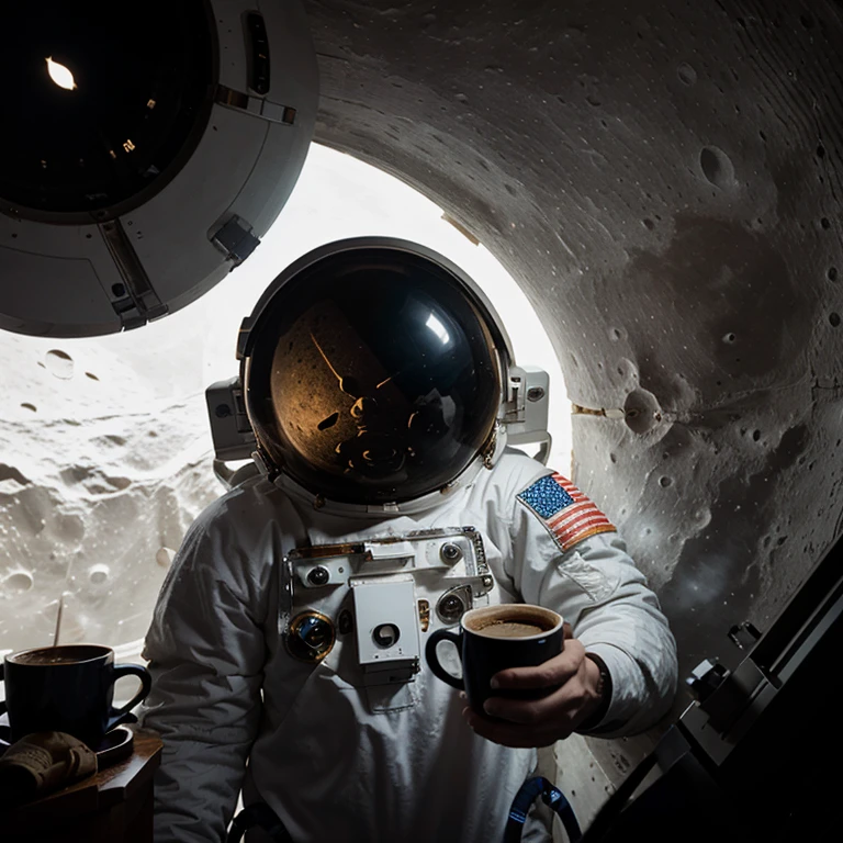 An astronaut is in the moon siting in the moon with a cup of coffee