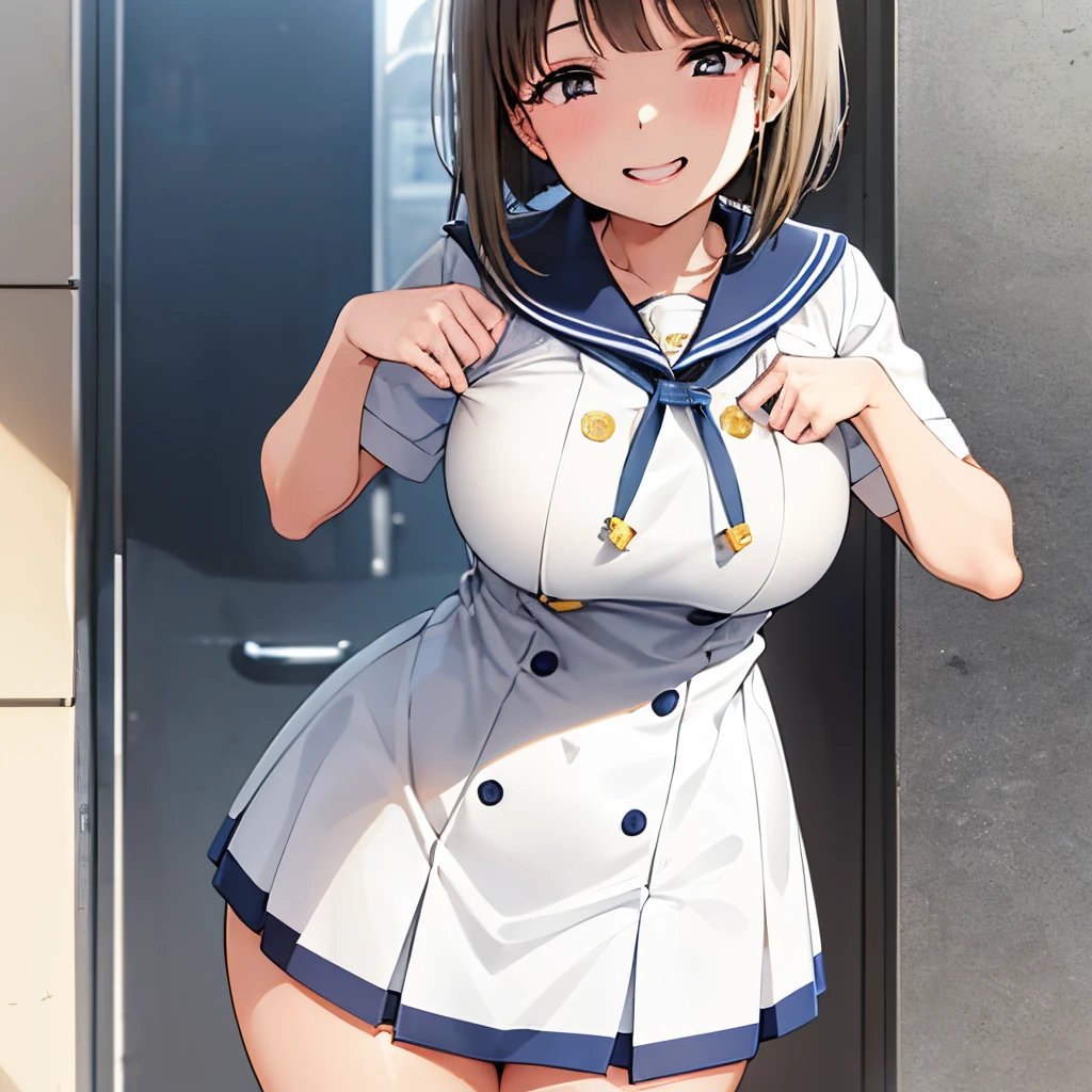 , girl with, a sailor suit,slightly larger udder,Narrow waist, Hairstyle is a bob cut, Poolside background,Smiling face,full bodyesbian,A pose that says “come here”