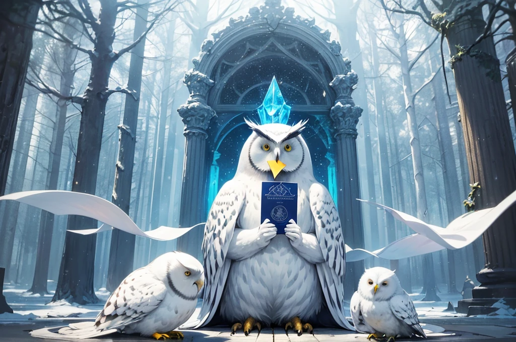 (((Holding an oversized postcard in his mouth)))，an all white owl，Best quality,Light blue-white tones，（4K,A high resolution:1.2），Crystal Forest,magical light,Mysterious charm
