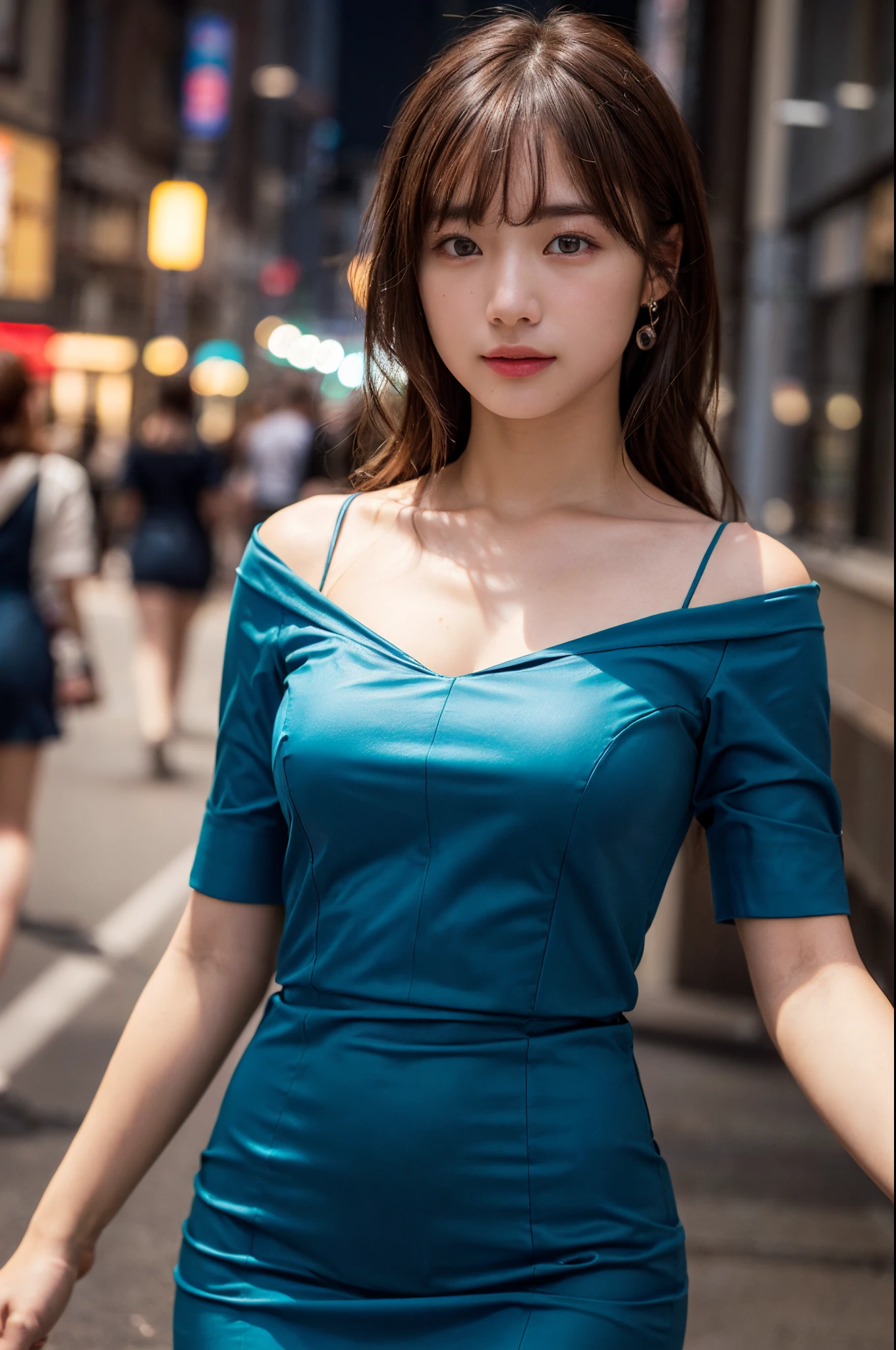 ((Realistic lighting, Best quality, 8K, Masterpiece: 1.3)), Focus: 1.2, 1girl, Perfect Body Beauty: 1.4, Slim Abs: 1.1, ((Dark Brown Hair)), (Aqua Dress: 1.4), (Outdoor, Night: 1.1), City Street, Super Fine Face, Fine Eyes, Double Eyelids,