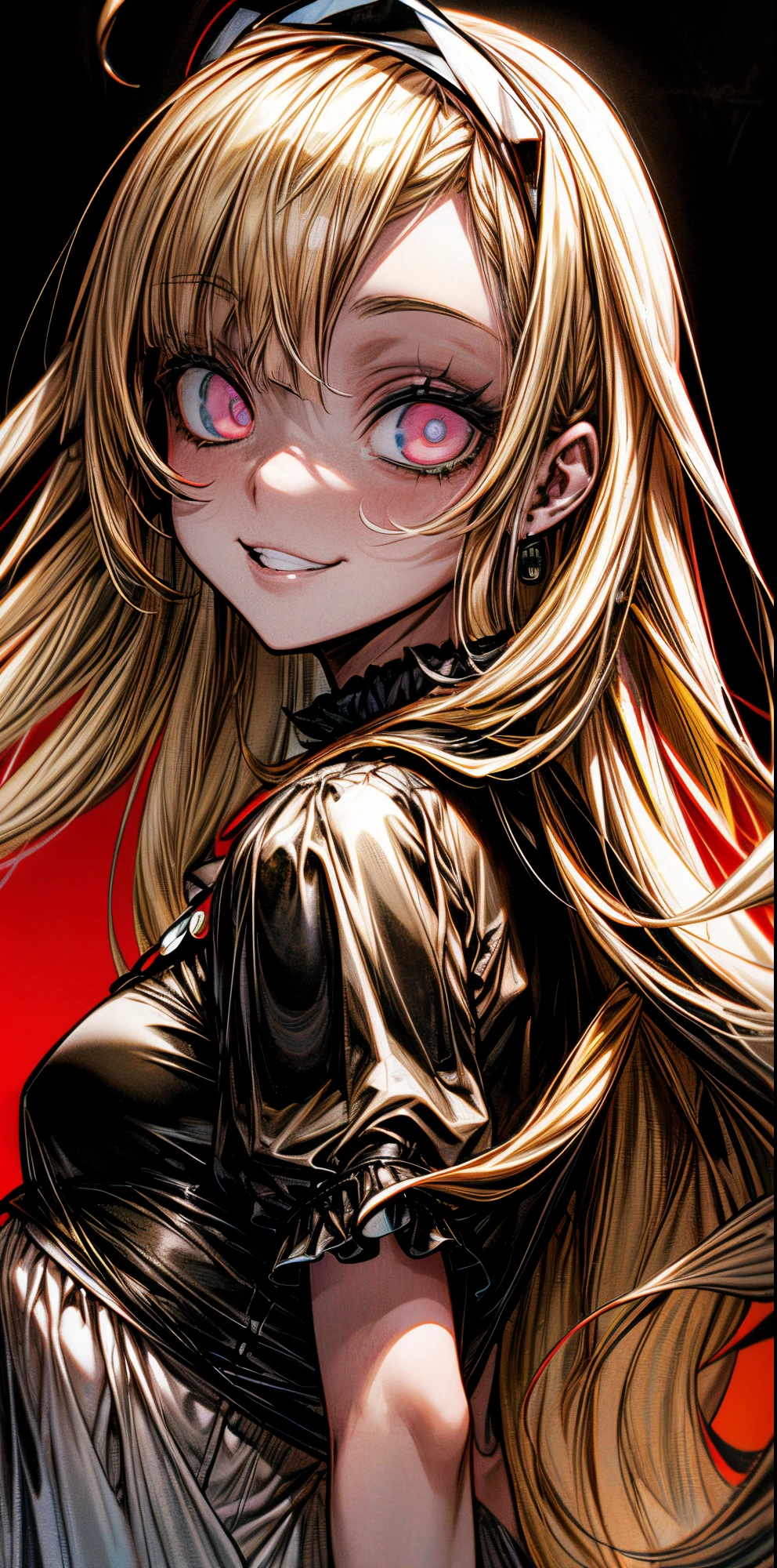 (Obra maestra, una mujer hermosa La mejor calidad),, Closeup, fondo, colores oscuros, highest qualityr, Detalles asombrosos, Arte lineal, 80s anime style, miedo, horror, Teary, ((dientes puntiagudolanco y negro, blonde brunette, camisa negra,ojo heterogromia,