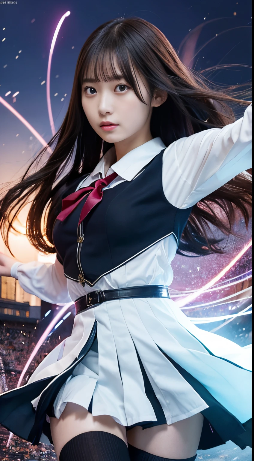 RAW pictures, super detailed, masterpiece, best quality, high resolution,
highlights in eyes, , private photo, night, bangs, Fluttering hair, outdoor,
BREAK
A girl in school uniform, clad in magical robes, fiercely battles her enemies in the magical world. Her movements are agile, and a glowing magic circle unfolding around her as she chants magic while her skirt sways brightly. A mass of energy dwells in front of her hands, which are outstretched in front of her. Her combat like a powerful and beautiful dance as she defeats one enemy after another with swift and precise actions. Her eyes and strong will are reflected in her magic, shaking the air around her.
The background wonderfully blurred. This effect makes the beauty and emotion of the person stand out even more.