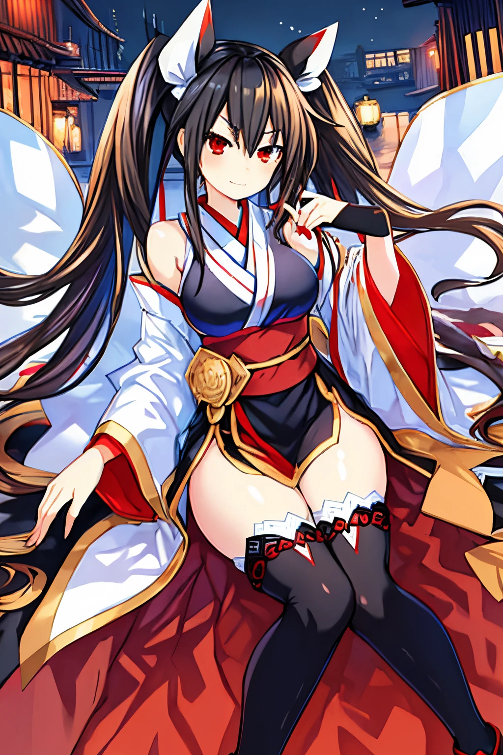 masterpiece, best quality, 1woman, finely detailed, black hair, big hair with a high twintails, red eyes, smug face, clothes: a black hanfu and stockings, in a dark night