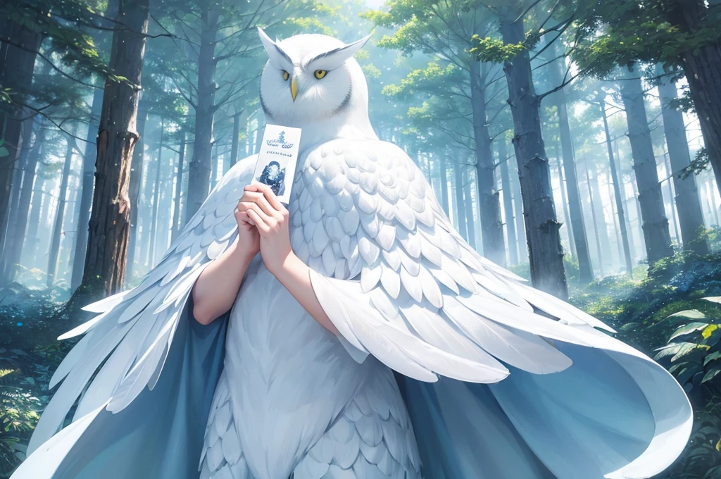 (((Holding an oversized postcard in his mouth))),an all white owl,Best quality,Light blue-white tones,(4K,A high resolution:1.2),Crystal Forest,magical light,Mysterious charm