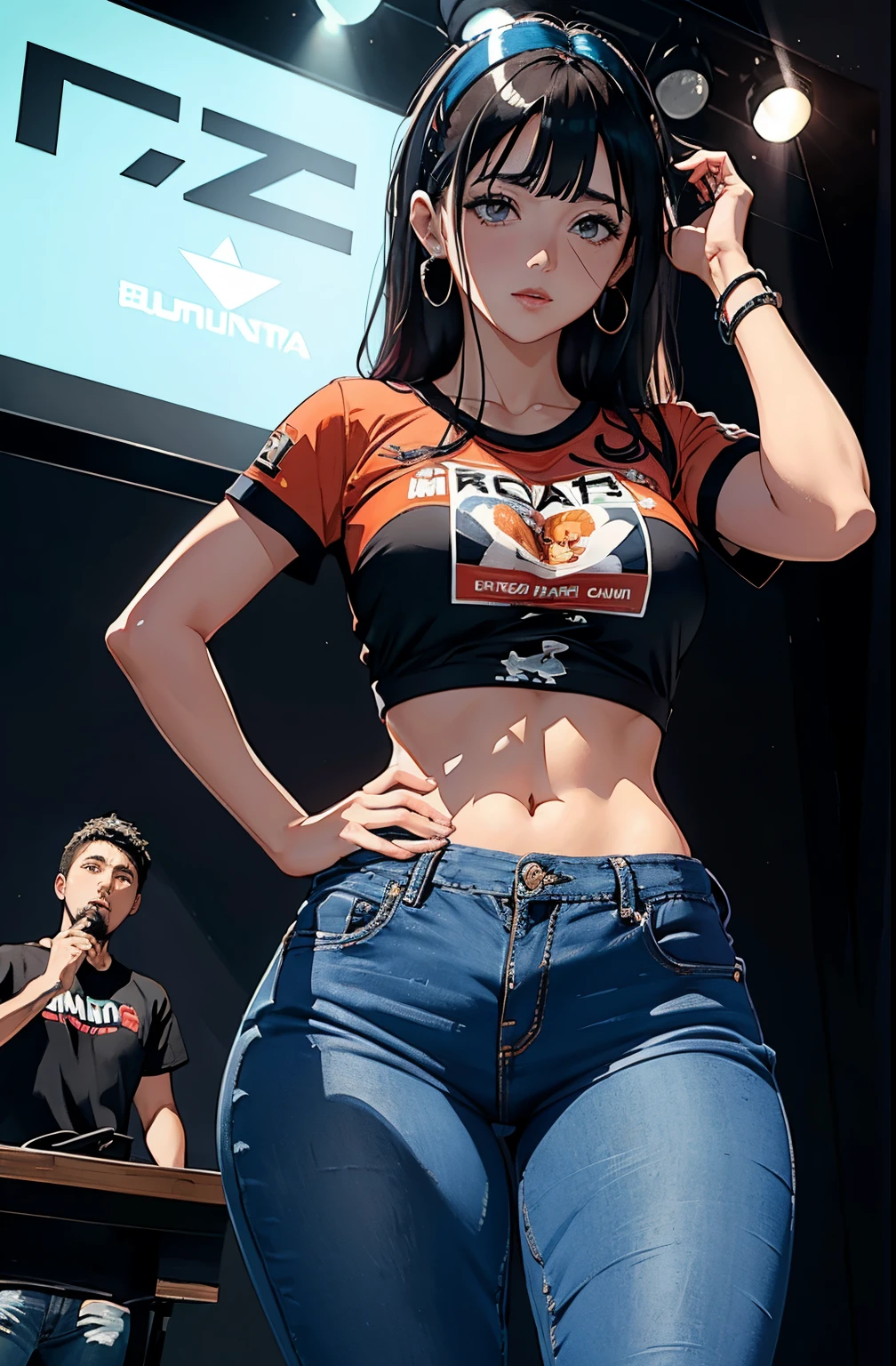 (Hinata Hyuga, muito , com roupas apertadas, bunda grande, pernas grossas, Wearing extremely tight jeans, usando uma mini blusa, umbigo com pirsing, cabelo grande, Speaker behind, muito realista, extremamente sexy, 8k, 8k extremamente detalhado), (um extremamente delicado e bonito), (obra-prima), (melhor qualidade: 1.0), (ultra highres:1.0)