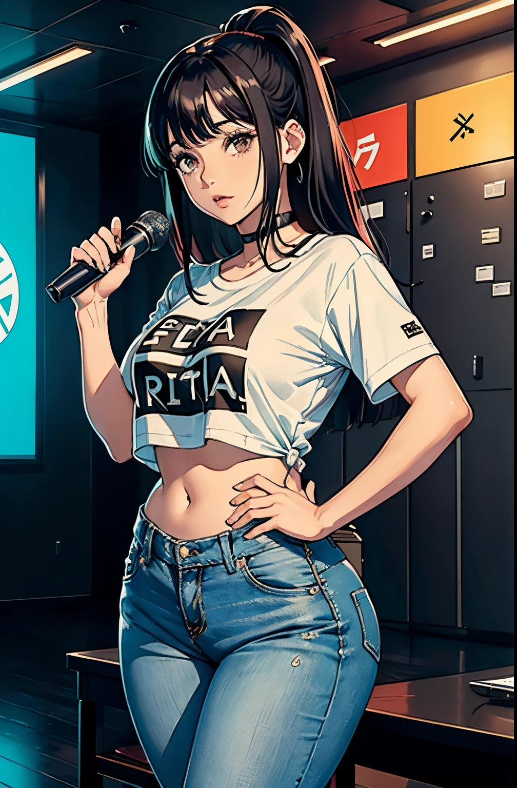 (Hinata Hyuga, muito , com roupas apertadas, bunda grande, pernas grossas, Wearing extremely tight jeans, usando uma mini blusa, umbigo com pirsing, cabelo grande, Speaker behind, muito realista, extremamente sexy, 8k, 8k extremamente detalhado), (um extremamente delicado e bonito), (obra-prima), (melhor qualidade: 1.0), (ultra highres:1.0)