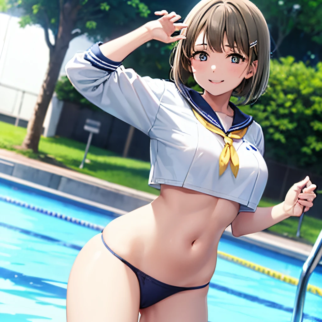 17 age, girl with, a sailor suit,slightly larger udder,Narrow waist, Hairstyle is a bob cut, Poolside background,Smiling face,full bodyesbian,A toy is put in the crotch