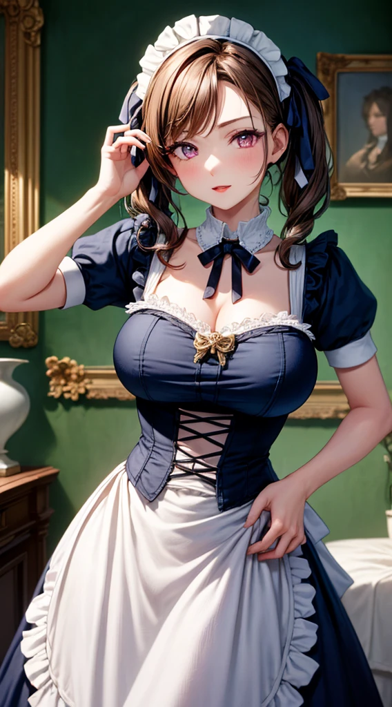 Masterpiece, ultra high quality, absurdres, solo, 1girl, brown hair, long hair, pigtails, pink eyes,  red lipstick , shy,  maid outfit, Victorian era, Victorian room, big breasts, Victorian clothes, stretching, looking at viewer, front view, perfect hands, beautiful hands