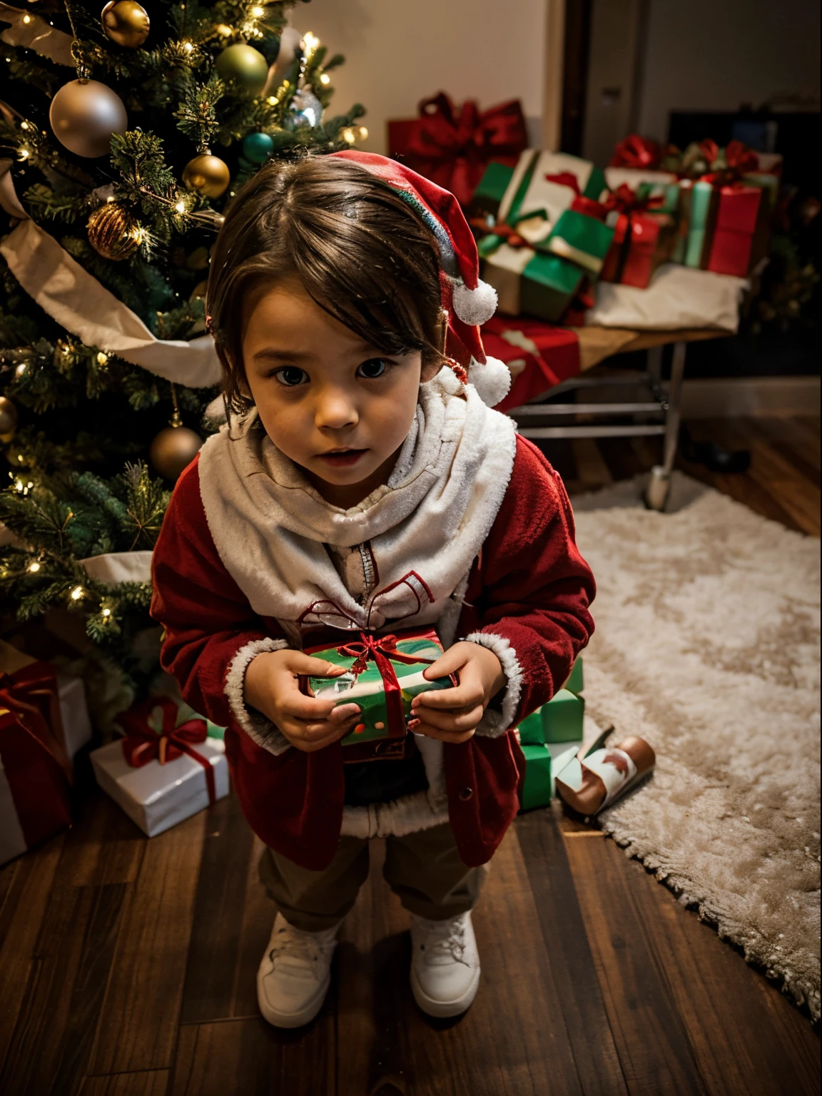 award winning landscape photo of a cute  Canadian girl decorating christmas tree, surrounded by boxes of ornaments, bokeh (brown color in detail:1.1), telephoto, elegant atmosphere, realistic, intricate details, healthy skin, true skin tone