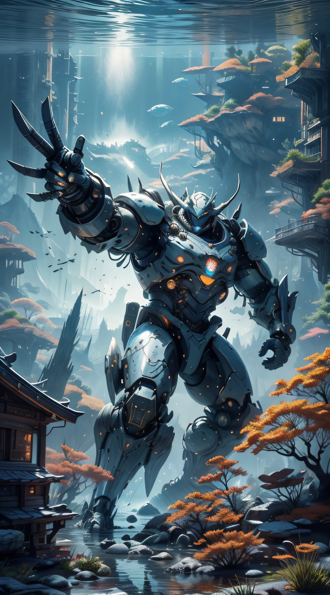 巨作,Best quality,high detal,Epic and very detailed,Super quality,8K,unreal-engine,ultra - detailed,hight contrast,hyper-detailing,Best quality at best,超高分辨率,zhangjiajie,Jiuzhaigou,Underwater Mysterious Fortress,Underwater Dragon,A mechanically armed guard alerts the audience,Marine life