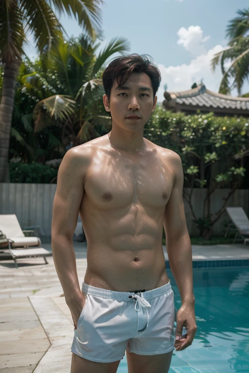 ultra-high resolution, beste-Qualit, Cinematographer, 10, (fotorrealista: 1.4), Cinematic lighting, Korean man 35 ,Short equation,  Wear white swimming trunks,Pao Tung,Poolside