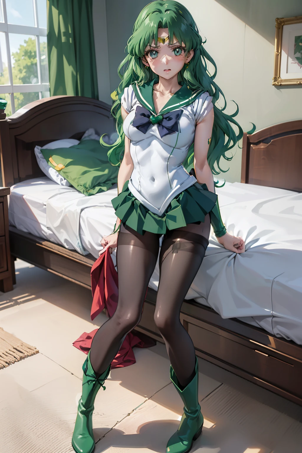 masutepiece, Best Quality, 1girl in, (Sailor Neptune),Green head hair, (Green eye:1.2),((Leotard))、((long boots))、((pantyhose))、((Bedroom))、length hair、poneyTail、((embarassed expression))、((Poses that emphasize breasts))、((a miniskirt))、((urinate))