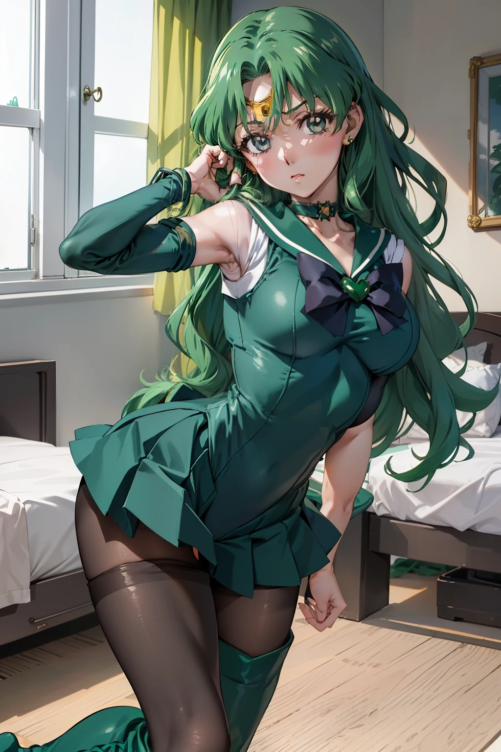 masutepiece, Best Quality, 1girl in, (Sailor Neptune),Green head hair, (Green eye:1.2),((Leotard))、((long boots))、((pantyhose))、((Bedroom))、length hair、poneyTail、((embarassed expression))、((Poses that emphasize breasts))、((a miniskirt))、((urinate))