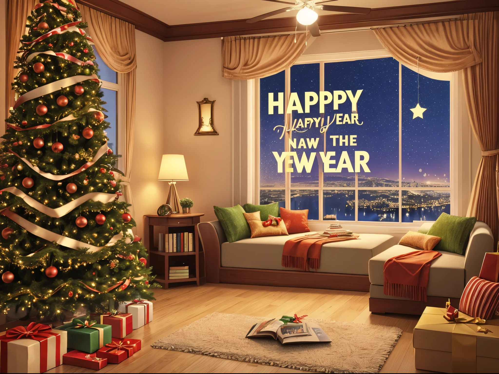 Create a greeting card, gift card, Happy New Year greeting card design! A cozy festive atmosphere, a room decorated with New Year's garlands and multi-colored light bulbs, in the center of the room there is a New Year's pine tree decorated with toys with a glowing star on the top, under the tree there are New Year's gifts, in the room there is a window through which fireworks can be seen, artistic hand-drawn style, watercolor style, text at the top of the postcard "Happy New Year"