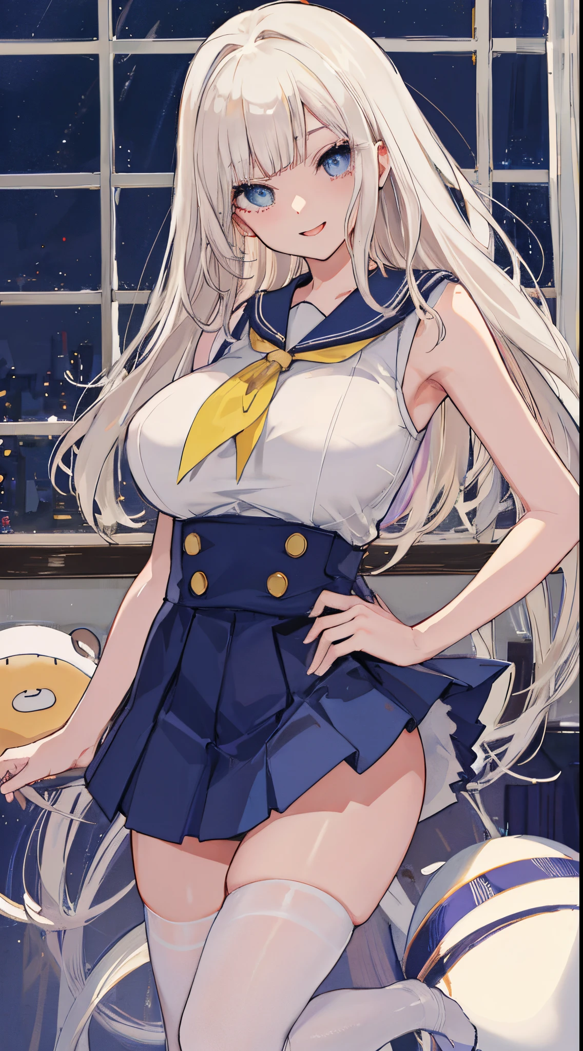 top-quality、realistic touch,high-detail、photoRealstic、Long body、captive beauty、big eye、Colossal tits、Strong platinum blonde eyelashes、platinum-blond、full body Esbian、Sparkling eyes、Submissive smile、Flushed cheeks、Kamimei、thin-waist、Voluptuous thighs、Enraptured look、Raked bangs、The forehead is protruding、Tight sailor uniform、sleeveless、Tight and short skirt with a large slit、Inside a school classroom、She isn't not wearing panties、High-waisted skirt