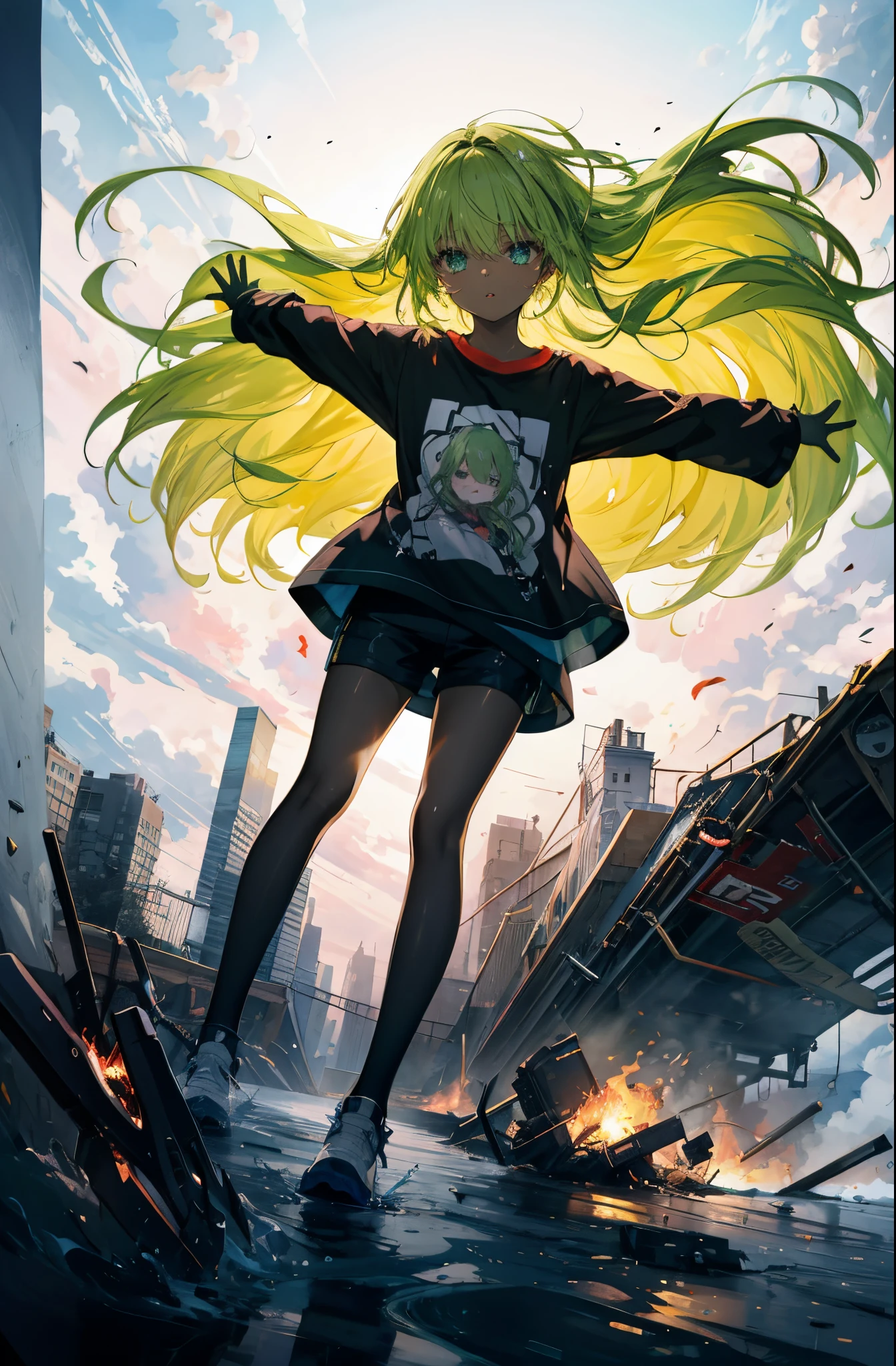 hight resolution, top-quality, ultra-quality, The ultra-detailliert, lighting like a movie、Beautiful expression ,open arms,Brown skin、Black skin、Black skin、a blond、blonde hair long hair、green inner hair,Lots of hair 、Floating in the air、girl floating with magic、Swirling flames、Long T-shirt、parka、The tattoo、In a detailed and realistic actual city、A burning city