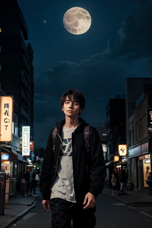 Anime-style night city, with the sky in the background and the bright full moon, and a young man in dark baggy clothes and a backpack walking towards the end of the street with tall buildings, high quality, clear