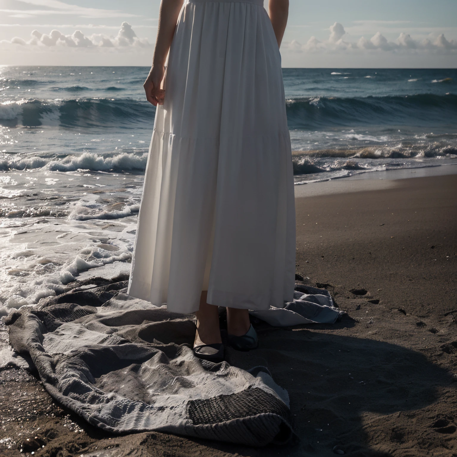 Dans un style sombre et noir et blanc à la " thé lighthouse", créer un poster de film sans textes avec un homme de dos devant une mer déchaînée sur une plage de sable fin, il faut apercevoir un coucher de soleil et il faut qu'on voit seulement le dos et la tête du personnage qui prenne les deux tiers du bas de l'image. Il faut que ce soit extrêmement réaliste comme si c'était une photo