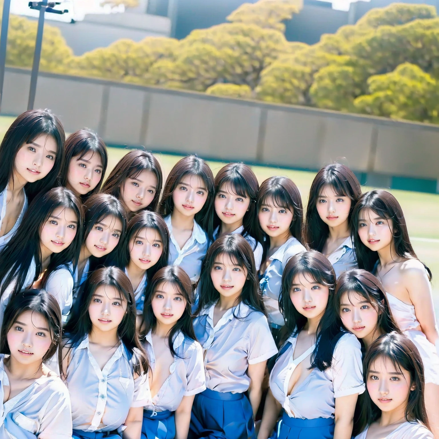 Raw photo、(((multiple girls))),((((6+girls)))),((((100girls)))),(((1000girls)))、((((100 Girls))))、((((Gigantic Breasts))))、Women only、The same face、matching school uniform、12 years old、Long black hair、100 cute girls、a smile、Scene from school、School route、(((Large group)))、a junior high school student