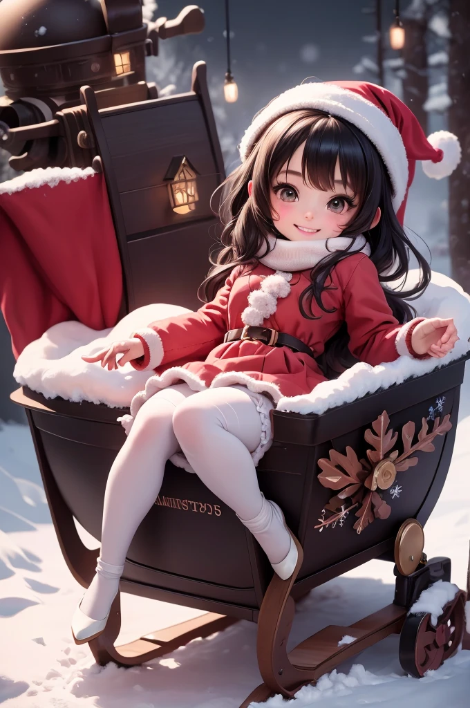 amasterpiece, best quality, 8k, cinematic light, ultra high res, chibi, cute girl smiling sitting on a sleigh, (bigfeet:0.4), (bighands:0.4)black hair, christmas steampunk dress, christmas hair ribbons, white pantyhose, red pumps, magical night, winter night, magical sparks floating, falling snow, dark shadows, ((dark fantasy)),