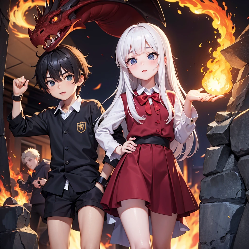 A boy and a girl brother both have white hair, o menino e um invocador enquanto a menina e uma maga de fogo, They are both teenagers and are wearing anime school clothes, faz o menino invocando um mosntro atras dele e a menina usandk magia de fogo, os dois fica um do lado do outro, imagem de papel de parede 8k, makes the monster behind the boy and a fire in the girl's hand, behind the boy there is a dragon and in the girl's hand there is fire magic.