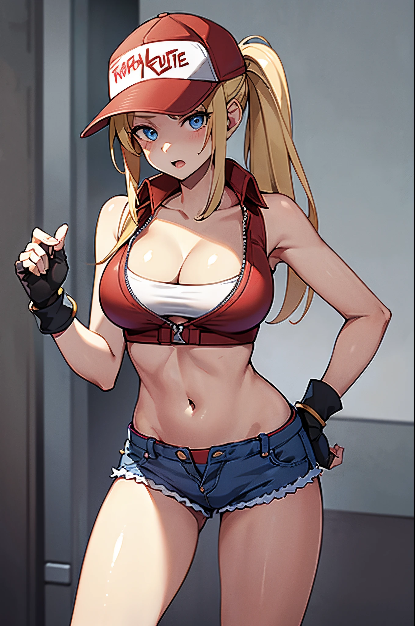 (masterpiece), best quality, expressive eyes, perfect face, highres, (8k), (perfect face), (ultra details), 1 girl, solo, terry bogard girl, blonde hair, ponytail, blue eyes, long hair, baseball cap, fingerless gloves, denim shorts, shoes, street background, leaning forward, tits hanging, standing, portrait, looking at the viewer, from frontal