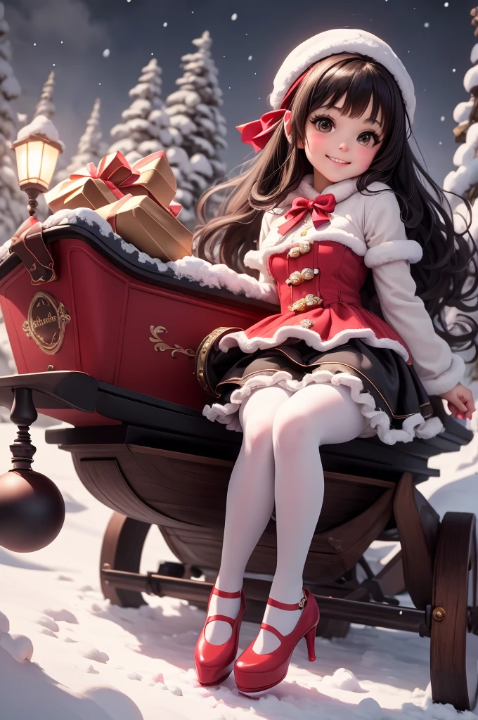 amasterpiece, best quality, 8k, cinematic light, ultra high res, chibi, cute girl smiling sitting on a sleigh, (bigfeet:0.4), (bighands:0.4)black hair, christmas steampunk dress, christmas hair ribbons, white pantyhose, red pumps, magical night, winter night, magical sparks floating, falling snow, dark shadows, ((dark fantasy)),