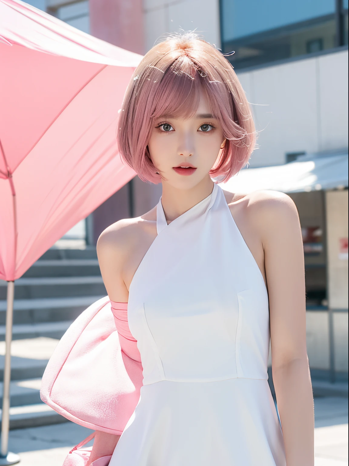 Alkanevi, One of them wearing a white dress、Pink medium and short hair ladies, Female face, unreal engine character art,