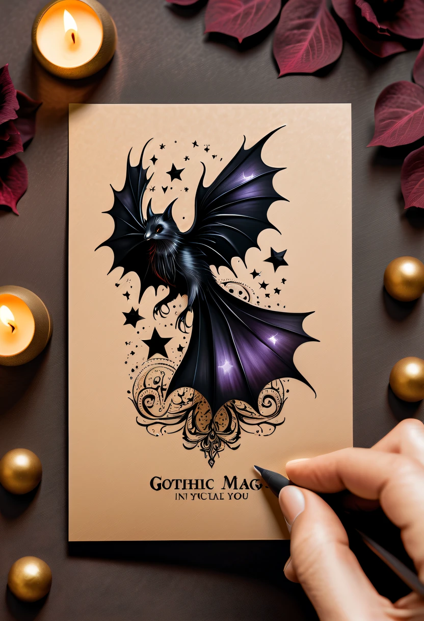 Best quality,8K,A high resolution,tmasterpiece:1.2,(actual:1.37),(Gothic Magic Postcard:1.3)，(The reverse side  a postcard in envelope format..:1.1)，(Write magical words your my love on postcard free":1.2)，cardboard postcard，simplebackground，On a table，