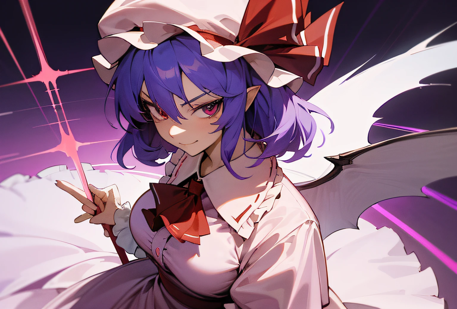 master piece, Best Quality, High resolution, 8K, Ultra-detailed, Anime style, From above, Upper body, Looking at Viewer, the girl has purple hair, Touhou Project, remilia scarlet, Smirk, Battle Pose, have a spear, White hat
