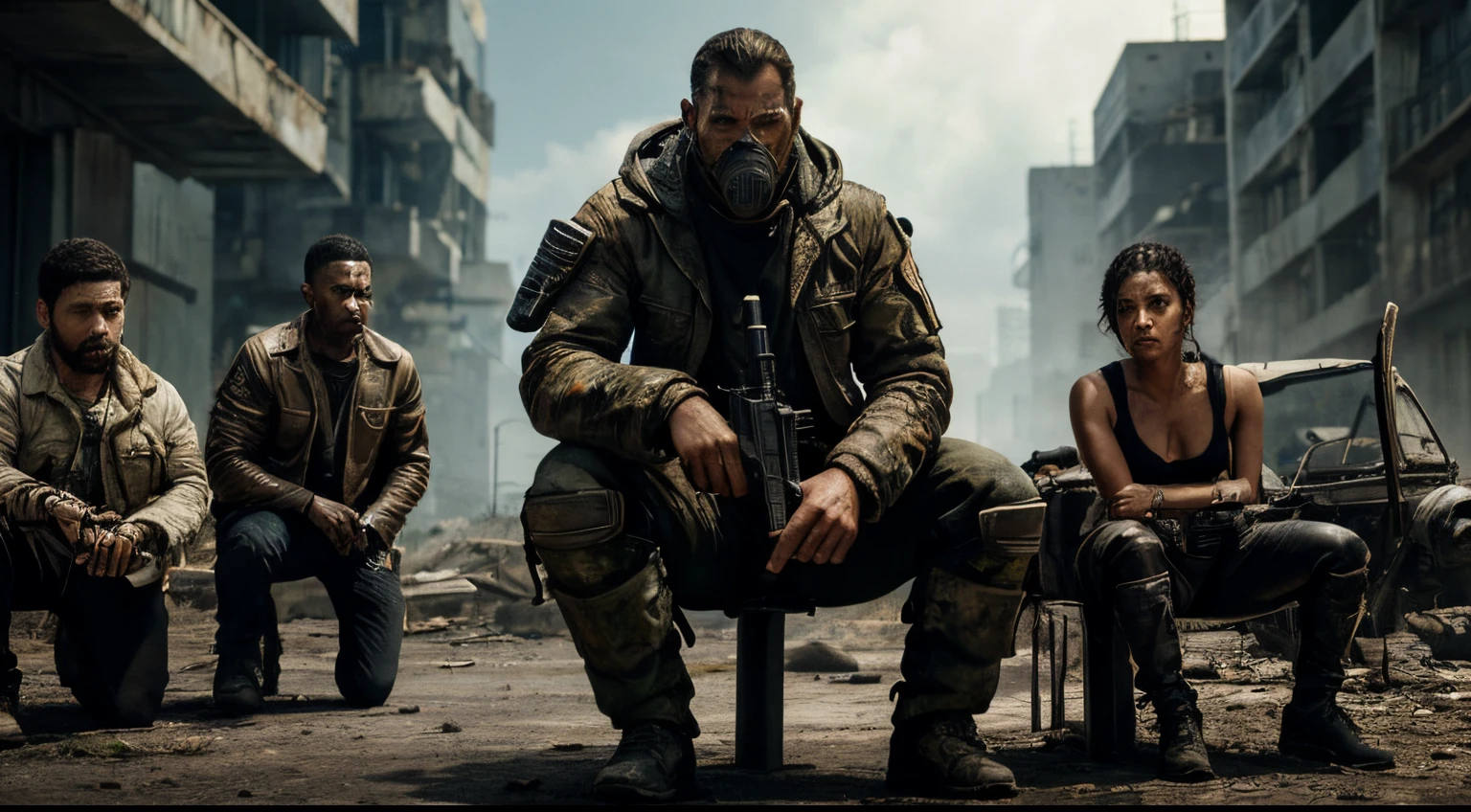 Post apocalyptic scenario, black man full of blood, with torn clothes, next to him a caramel dog, adult , perfect image with ultra realistic colors, perfect details 8k colors