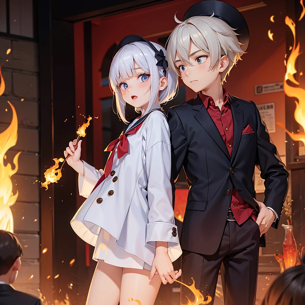 A boy and a girl brother both have white hair, o e um invocador enquanto a menina maga de fogo, They are both teenagers ane wearing anime school clothes, faz o menino invocandosntro atras dele e a menina usandk magia de os dois fica um do lado do outro, imagem de papel de parede 8k, makes the monster behind the boy and a fire in the girl's hand, behind the boy there is a dragon and in the girl's hand there is fire magic, So in the image there is a dragon behind the boy and fire magic in the girl's hand.