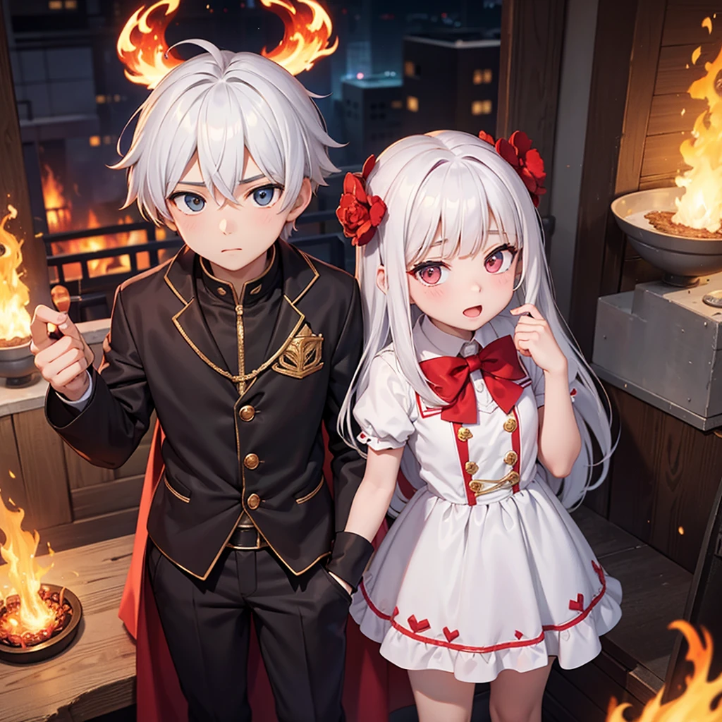 A boy and a girl brother both have white hair, o e um invocador enquanto a menina maga de fogo, They are both teenagers ane wearing anime school clothes, faz o menino invocandosntro atras dele e a menina usandk magia de os dois fica um do lado do outro, imagem de papel de parede 8k, makes the monster behind the boy and a fire in the girl's hand, behind the boy there is a dragon and in the girl's hand there is fire magic, So in the image there is a dragon behind the boy and fire magic in the girl's hand.