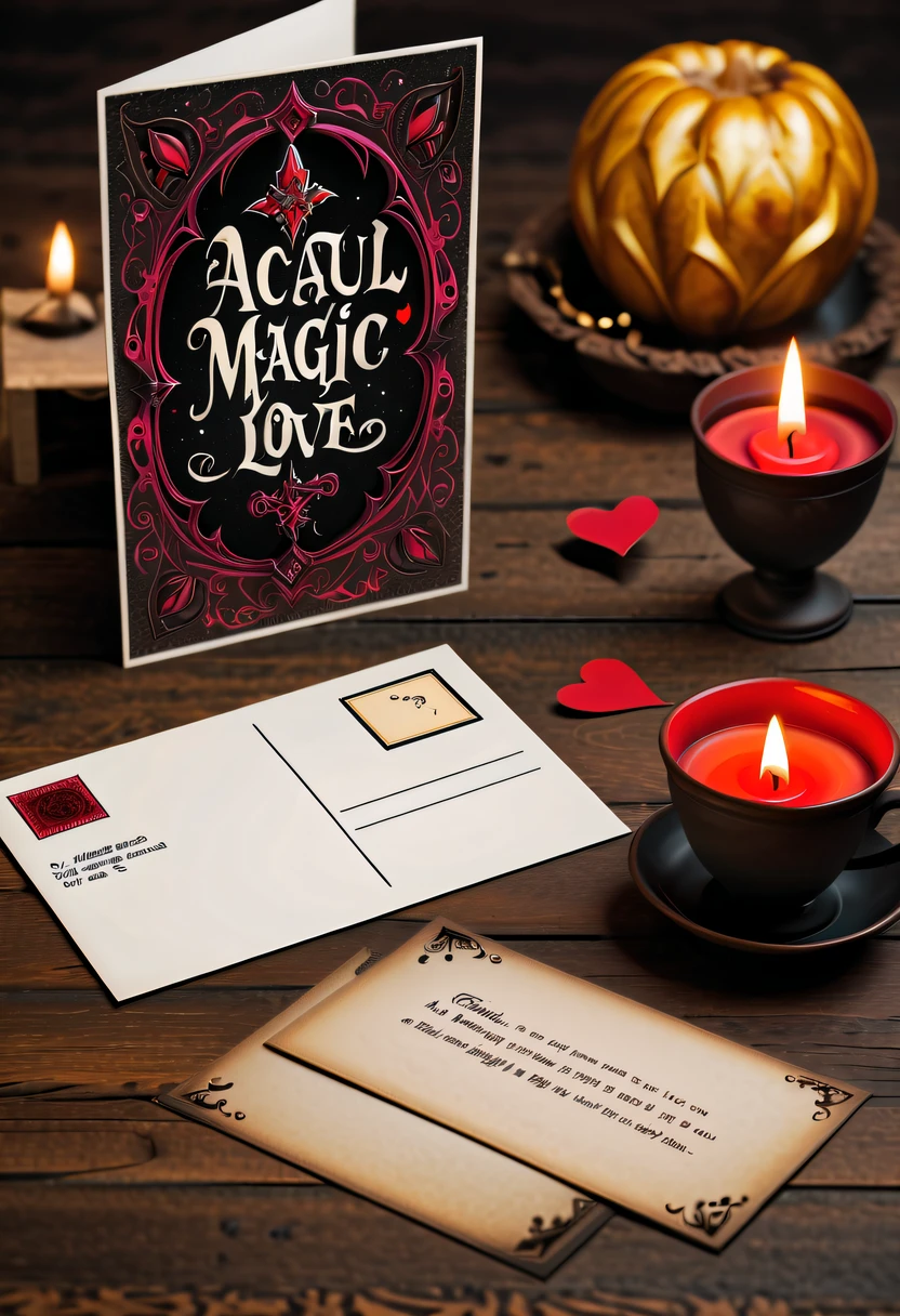 Best quality,8K,A high resolution,tmasterpiece:1.2,(actual:1.37),(Postcard with gothic magic on the front:1.3),(The reverse side a postcard in envelope format..:1.1),(Write magical words your my love on postcard free":1.2),cardboard postcard,simplebackground,On a table,