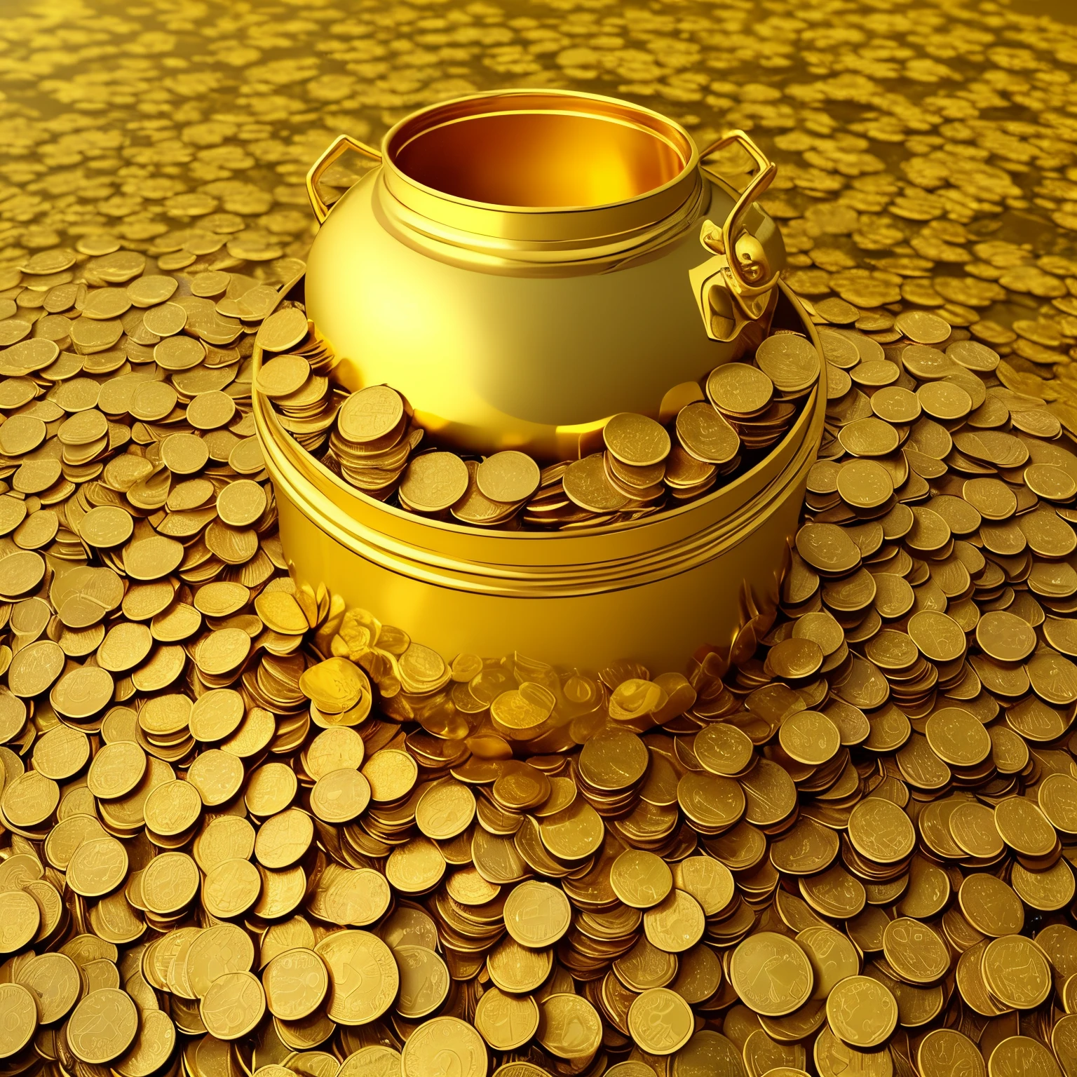 there a large golden pot filled with coins on the side of the road, with many gold coins, scattered gold coins, gold coins, has gold, sitting on a pile of gold coins, piles of gold coins, looming over a horde of gold, gold and treasure, 🚀🚀🚀, with piles of coins around it, realistic gold, wealth, liquid gold, gold noble