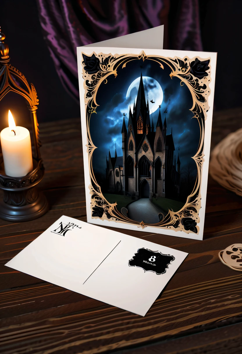 Best quality,8K,A high resolution,tmasterpiece:1.2,(actual:1.37),(Postcard with gothic magic on the front:1.3),(The reverse side a postcard in envelope format..:1.1),(Write magical words your my love on postcard free":1.2),cardboard postcard,simplebackground,On a table,