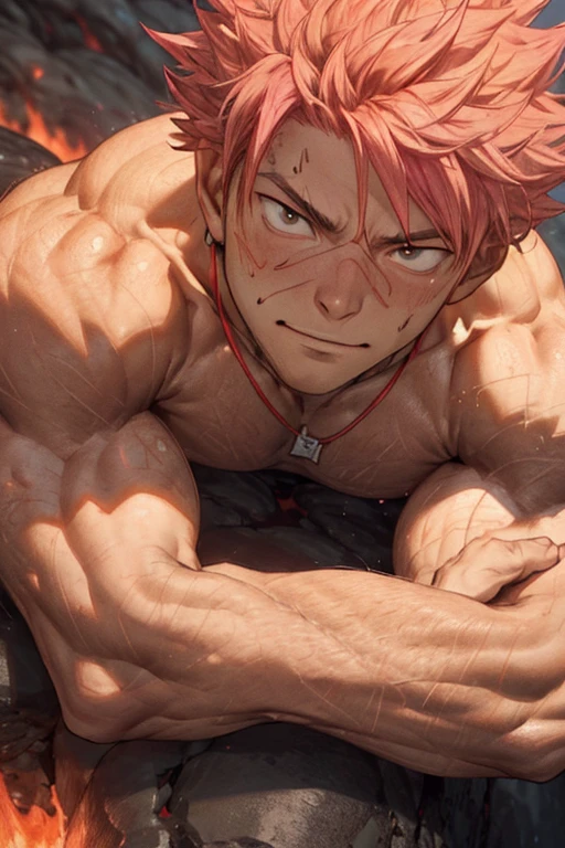 Top view of full body Natsu Dragneel Laying down  on hot lava with his muscular body, pink hair and relaxed expression. Good lava texture, high contrast and fiery red and orange coloured lava. The body  muscular bare chested and has washboard abs. He  wearing a necklace and happily relaxing on top of lava. (detailed, depth of field, realistic)