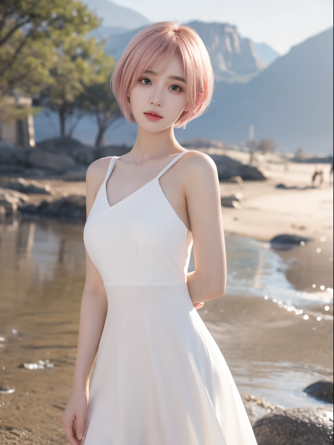 Alkanevi, One of them wearing a white dress、Pink medium and short hair ladies, Female face, unreal engine character art,