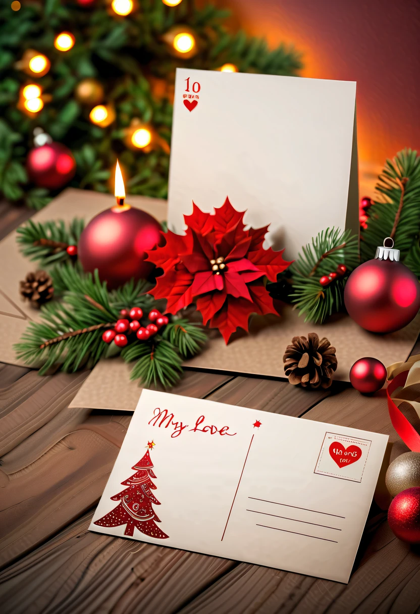 Best quality,8K,A high resolution,tmasterpiece:1.2,(actual:1.37),(a christmas postcard:1.3)，(The reverse side  a postcard in envelope format..:1.1)，(Write magical words your my love on postcard free":1.2)，cardboard postcard，simplebackground，On a table，