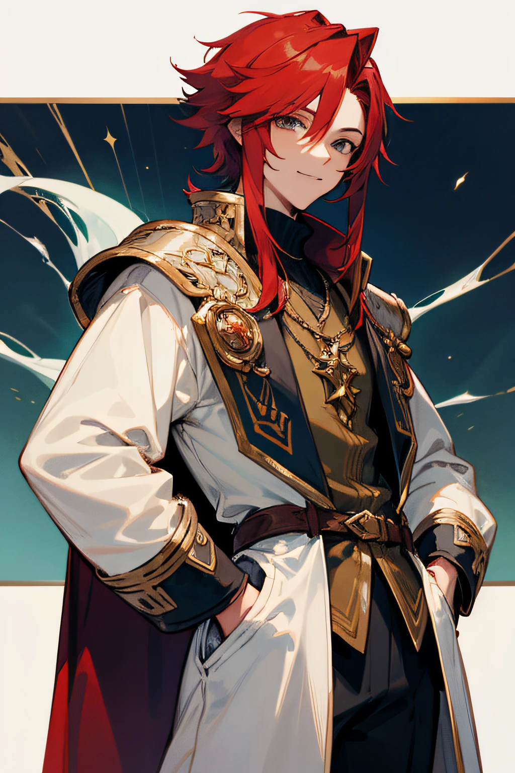 Put your hands in your pockets., I stand up, Final Fantasy, poet ,young, Red-Haired, Emerald eyes, fantasy, handsome ,Talk a lot, middle ages, Shoot me., white jacket poet ,smile, armature