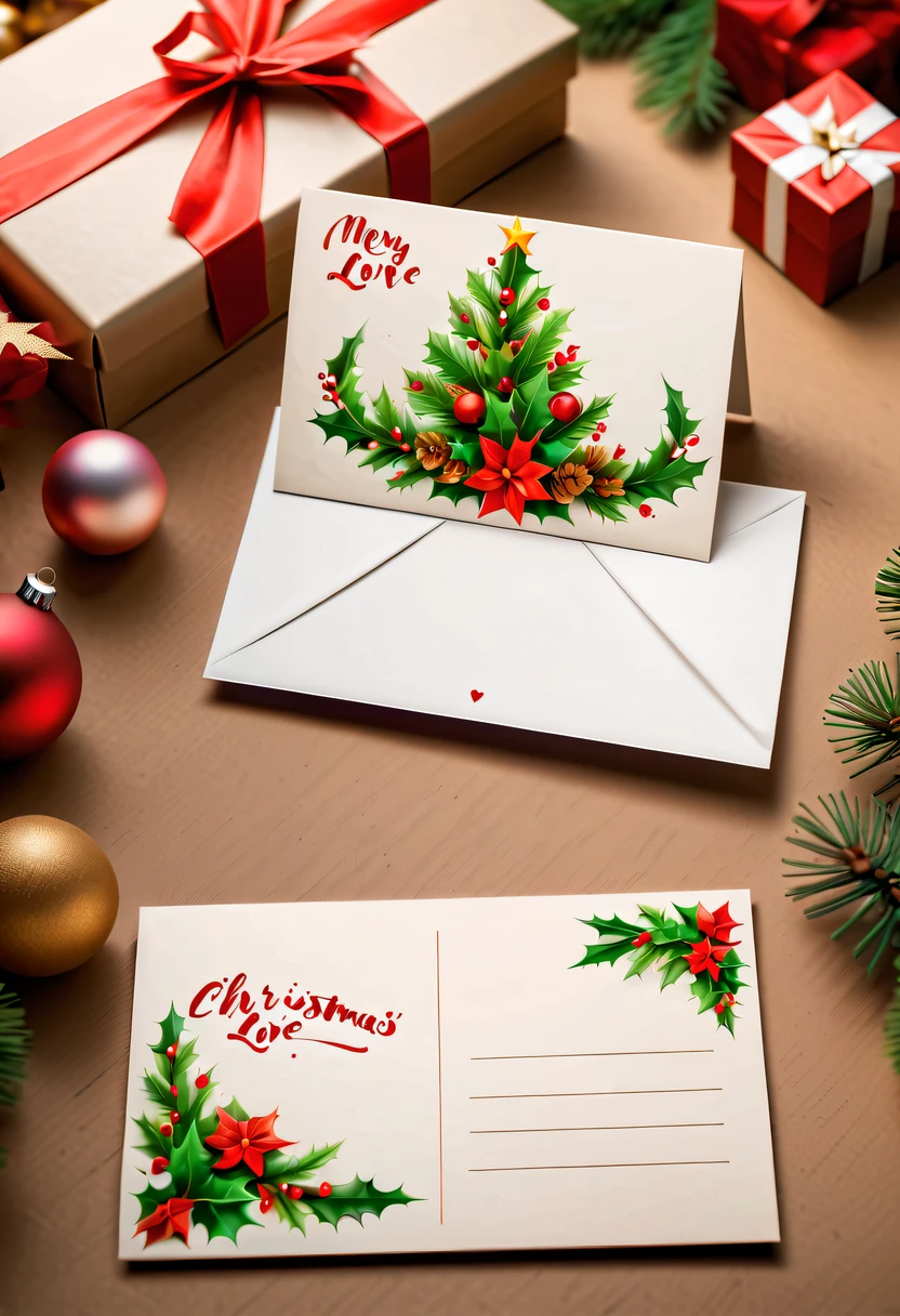 Best quality,8K,A high resolution,tmasterpiece:1.2,(actual:1.37),(a christmas postcard:1.3)，(The reverse side  a postcard in envelope format..:1.1)，(Write magical words your my love on postcard free":1.2)，cardboard postcard，simplebackground，On a table，