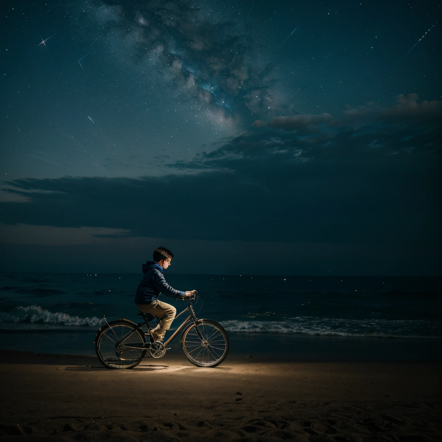 A boy is riding a bicycle in the stary night by the sea shore