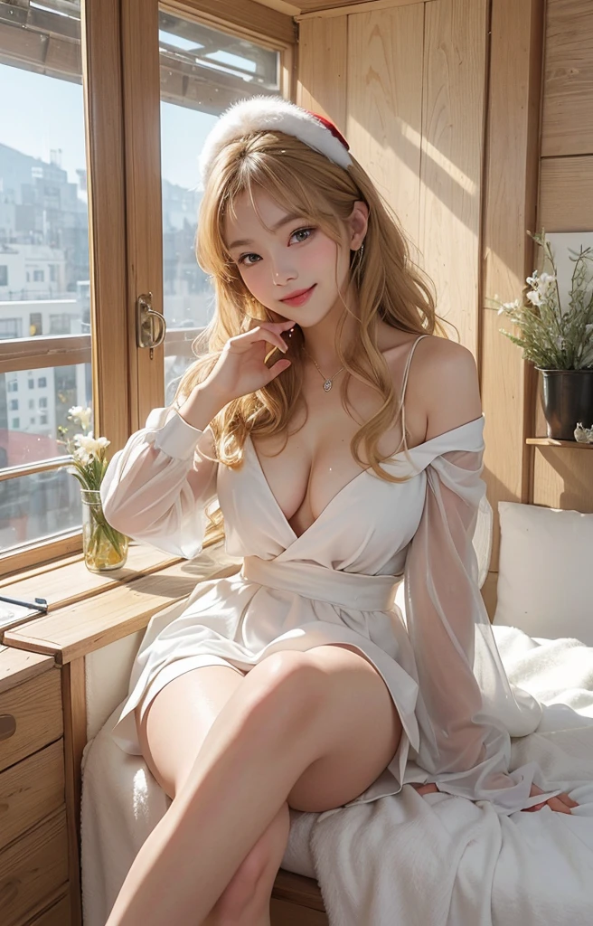 top-quality、masterpiece、超A high resolution、Photorealsitic、Raw foto、1girl in、Sexy appearance、hair over shoulders、The lower half is curled and sauvage、Cute smile like a model、frontage、Hair color is blonde、Tight yellow mini skirt、Ordinary high heels、Eyes are double、Wearing mascara、Cute pose like a model、Clear face、Dressing up in a Santa costume in a bright room on Christmas day、Gorgeous like a model、Ultimate Beauty、Cute smile、Bright smile、masuter piece、Best Quality、
